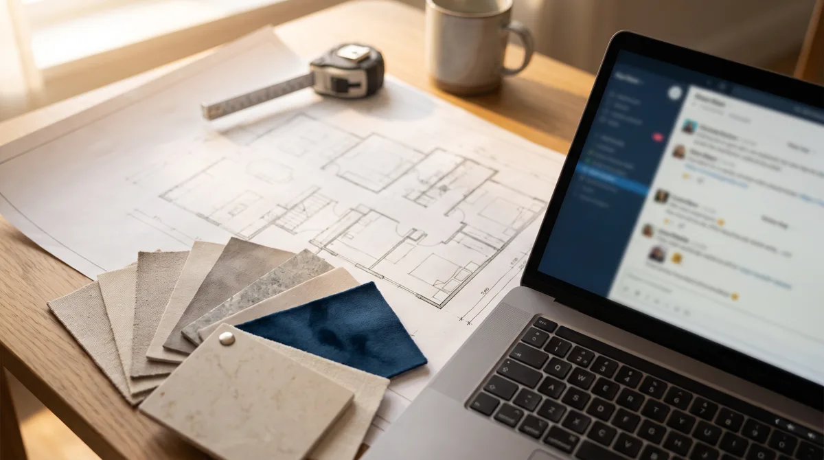 A printed floor plan and material swatches on a designer's desk beside an open laptop