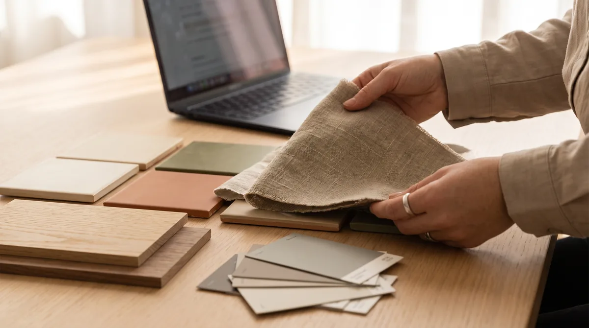 Hands arranging fabric and material samples on a physical mood board