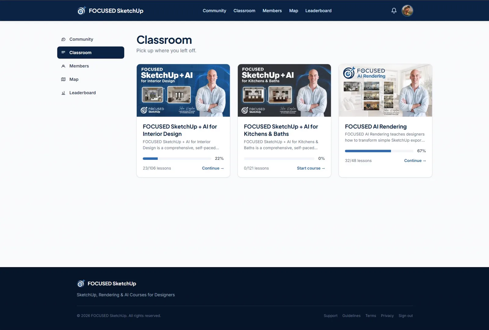 The Classroom in the FOCUSED SketchUp Learning Portal showing three courses with progress bars
