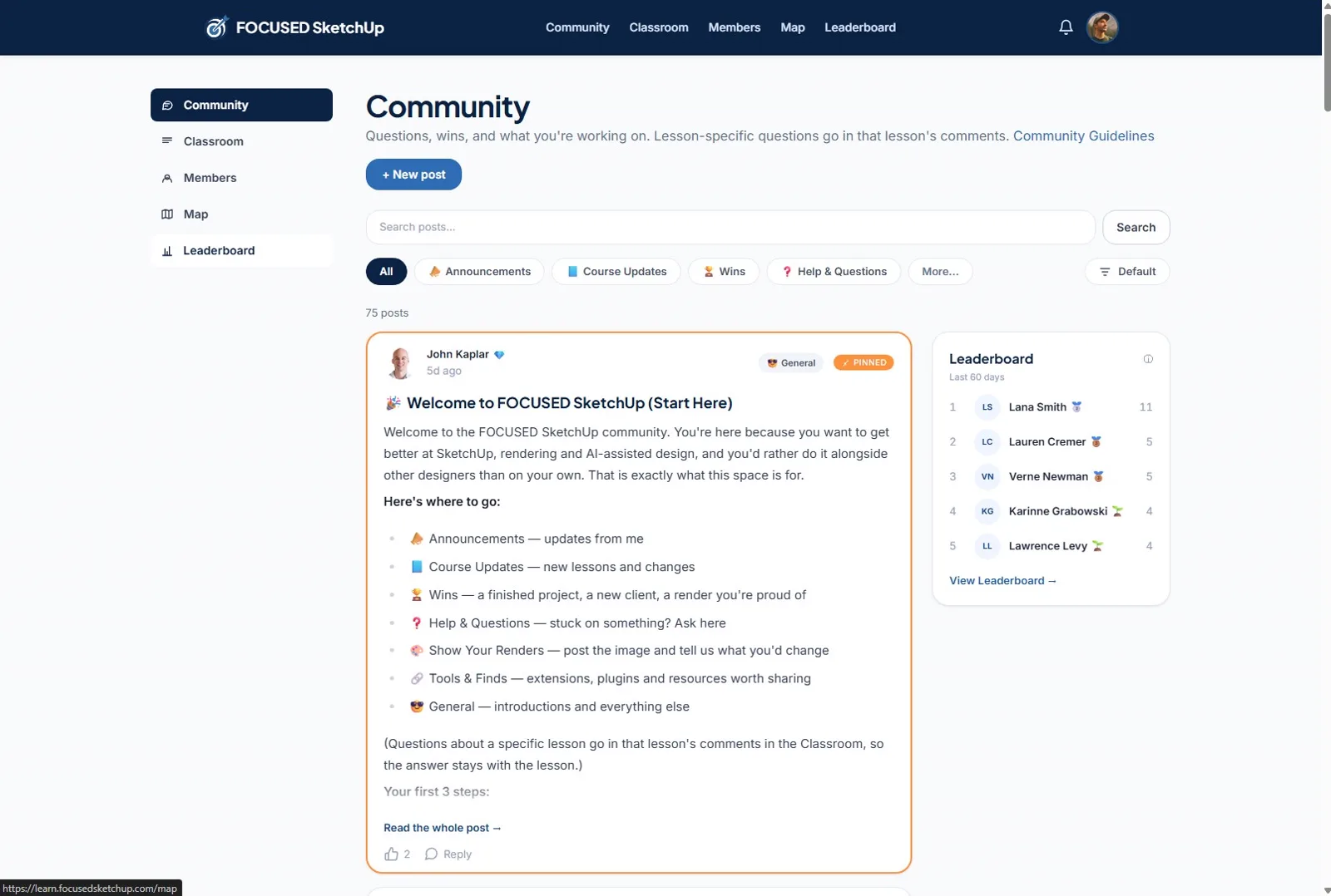 The Community page in the FOCUSED SketchUp Learning Portal with categories, search, and the pinned Start Here post