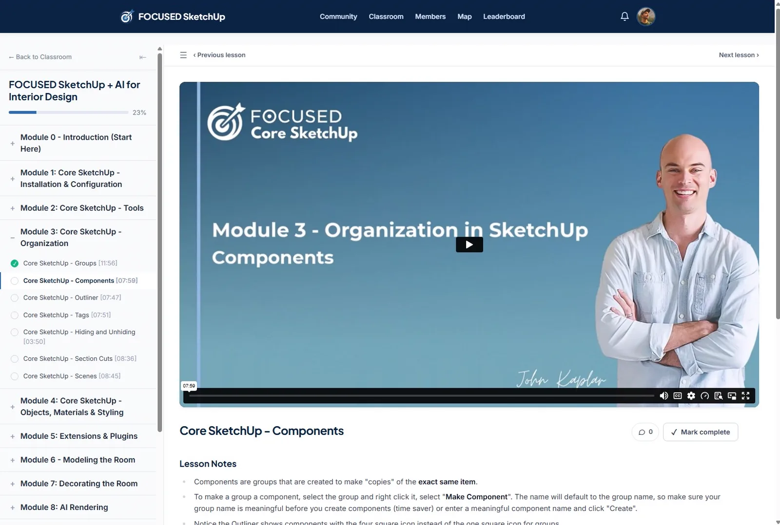 A lesson page in the FOCUSED SketchUp Learning Portal with the video, module navigation, lesson notes and comments