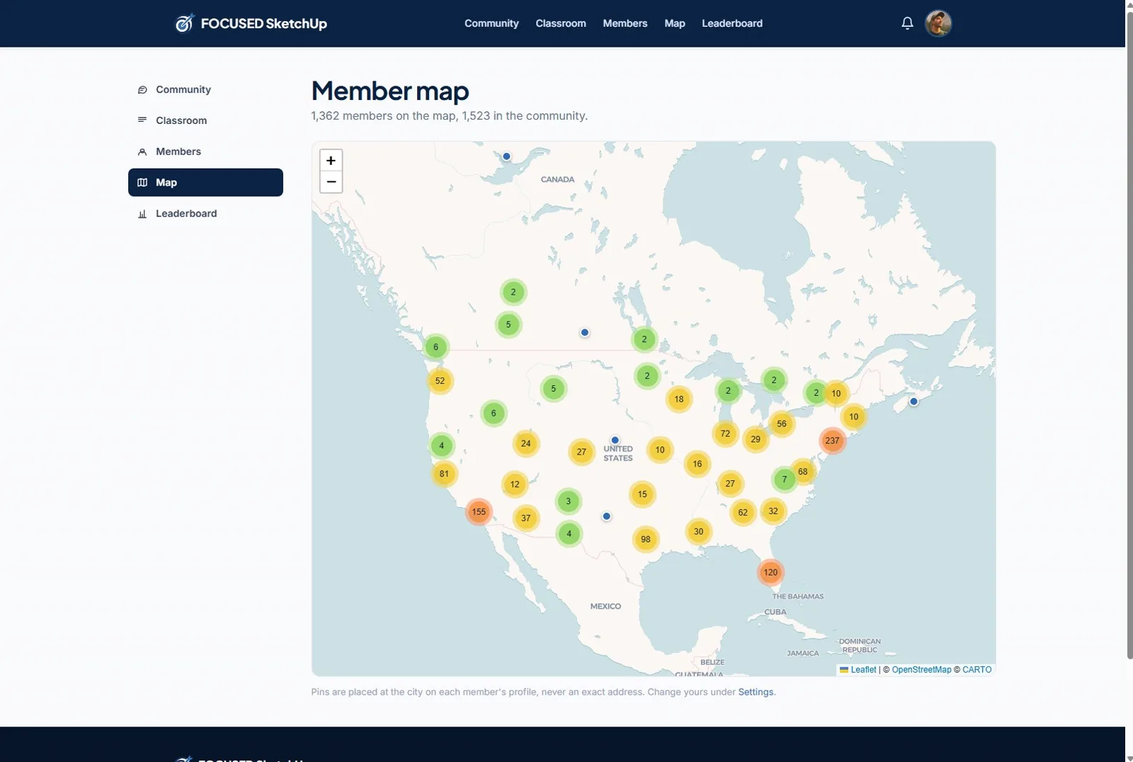The Member Map in the FOCUSED SketchUp Learning Portal showing clusters of members across North America