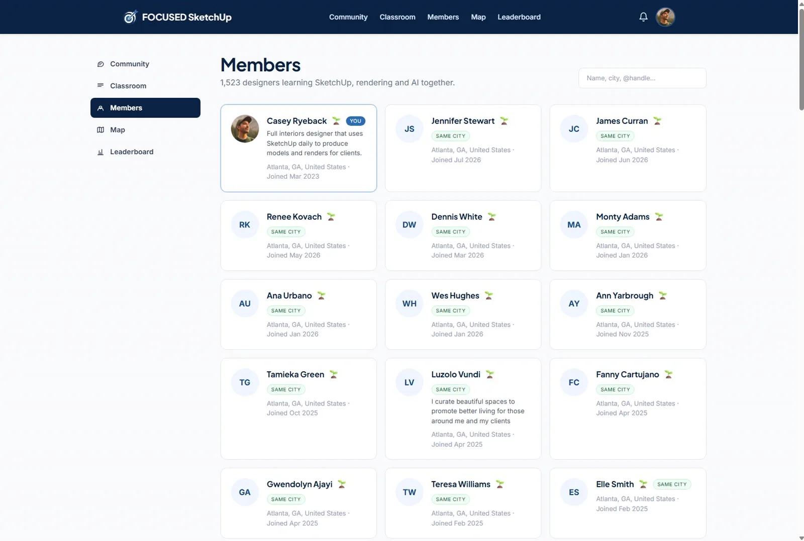 The Members directory in the FOCUSED SketchUp Learning Portal with members in the same city grouped first