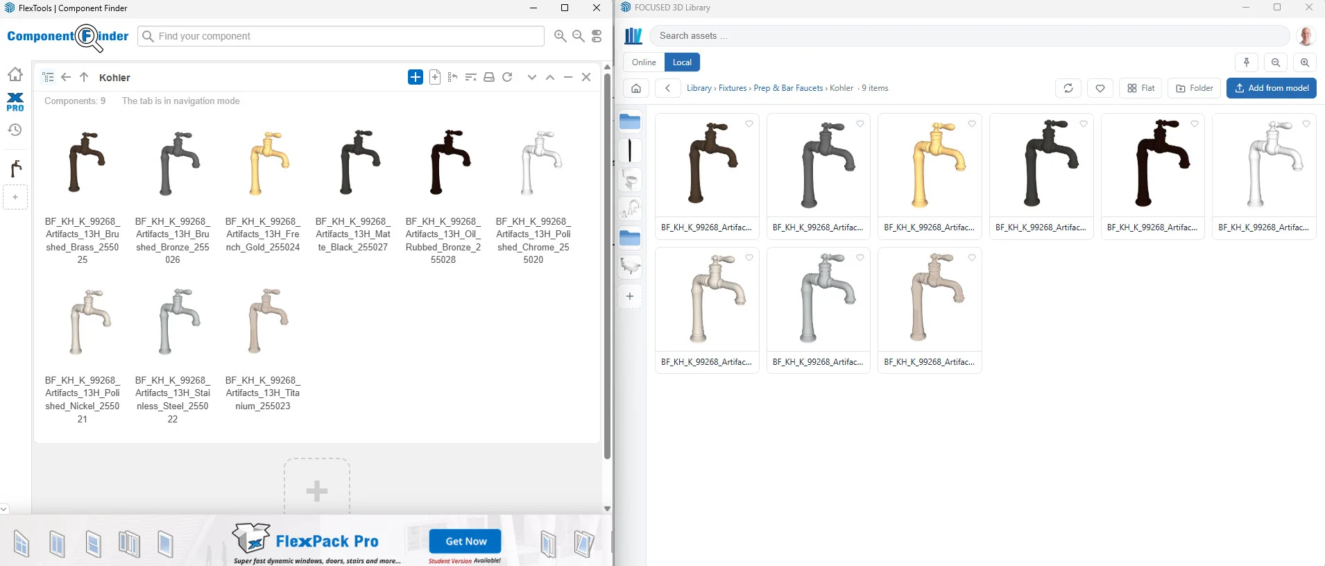 Component Finder and the FOCUSED 3D Library open side by side in SketchUp showing the same Kohler faucet folder