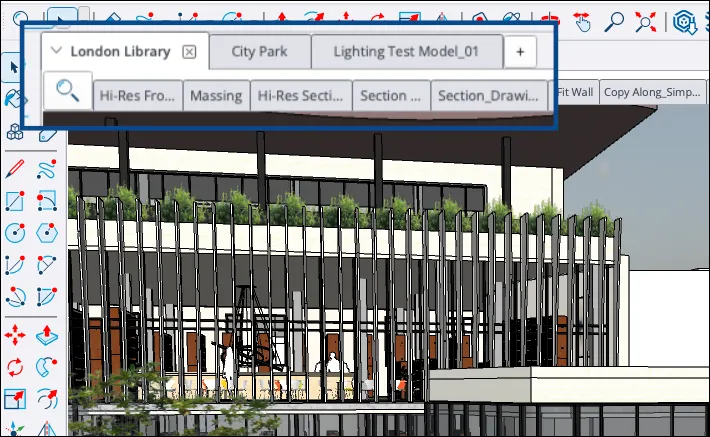 Close-up of SketchUp 2027 model tabs for three open files above the scene tab row