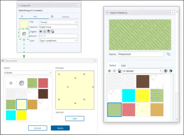 SketchUp 2027 Entity Info with a hatch button that opens a Choose Hatch dialog showing a preview, next to the Hatch Patterns panel