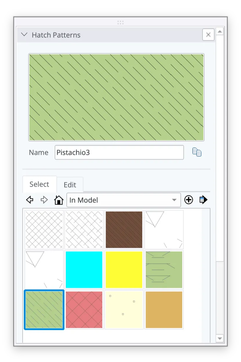 SketchUp 2027 Hatch Patterns panel showing a diagonal line pattern preview named Pistachio3 and a grid of in-model hatch swatches