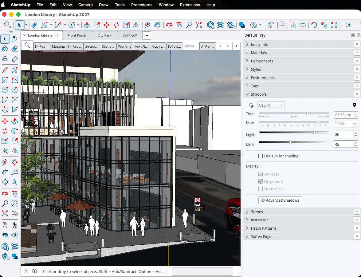 SketchUp 2027 on macOS showing a docked Default Tray with Entity Info, Materials, Styles, Shadows and Hatch Patterns panels, a row of model tabs above the scene tabs, and a Procedures menu