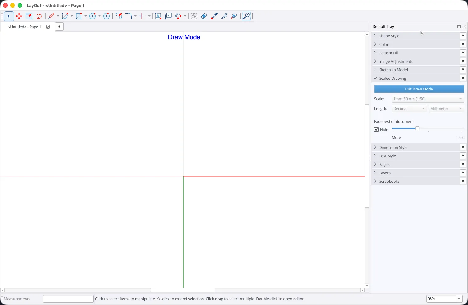 LayOut 2027 in Draw Mode: a blank canvas with red and green axes at the origin and the Scaled Drawing panel showing Exit Draw Mode at 1:50