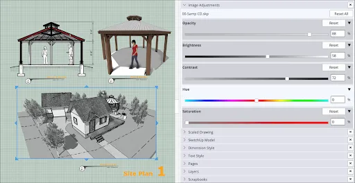 LayOut 2027 Image Adjustments panel with opacity, brightness, contrast, hue and saturation sliders beside a selected site plan viewport