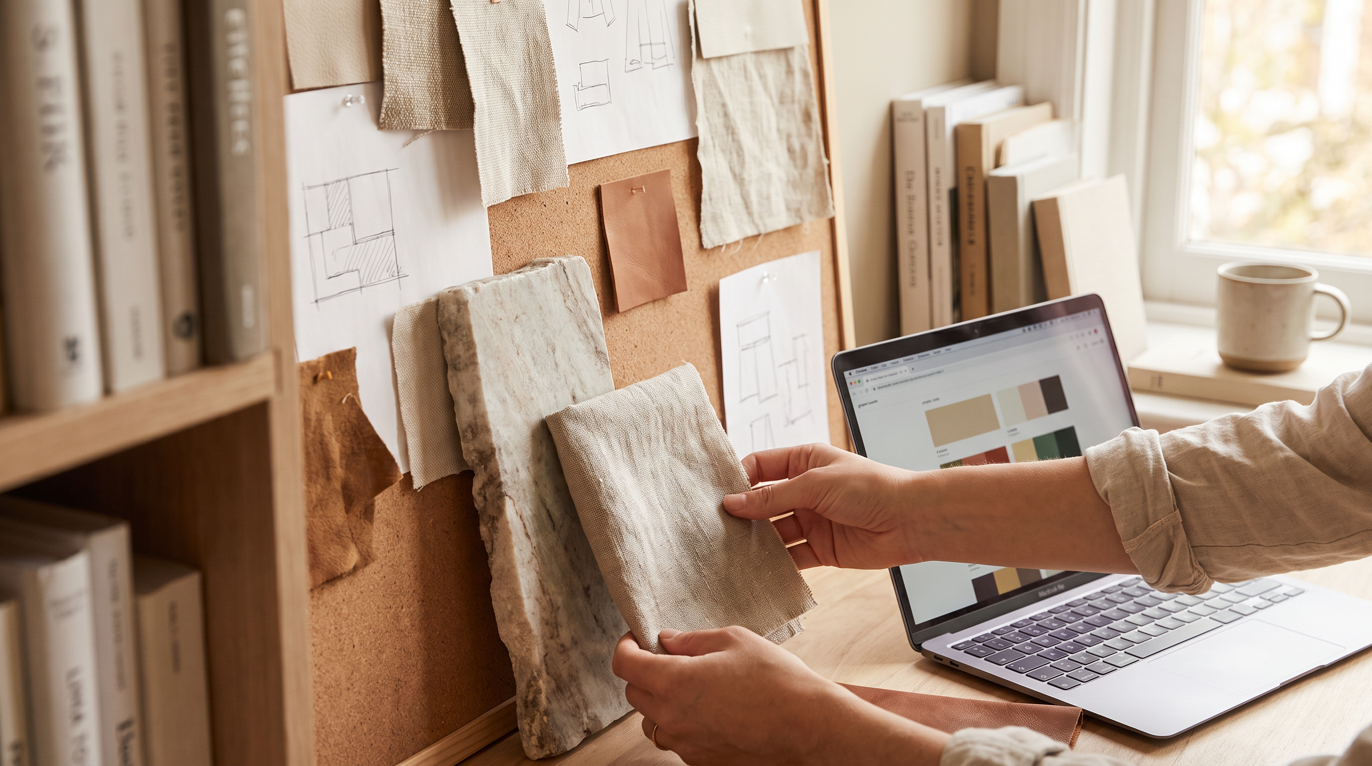 Hands arranging fabric and material samples on a physical mood board beside a laptop