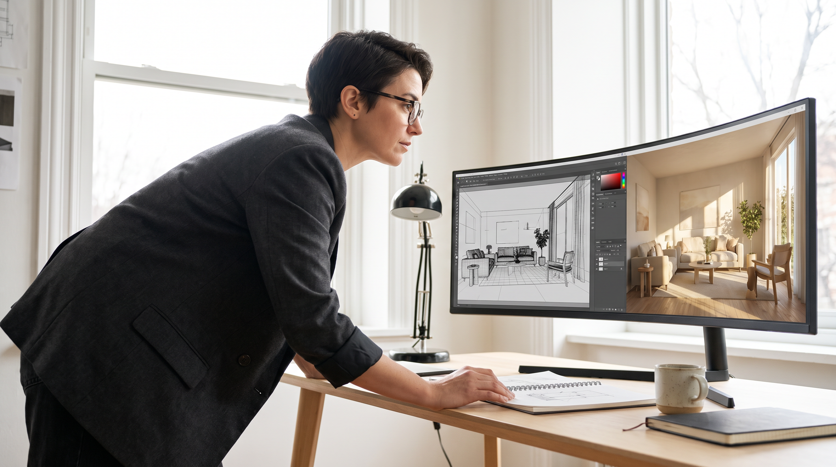 A designer at their desk with a 3D model and AI rendering side by side on a large monitor
