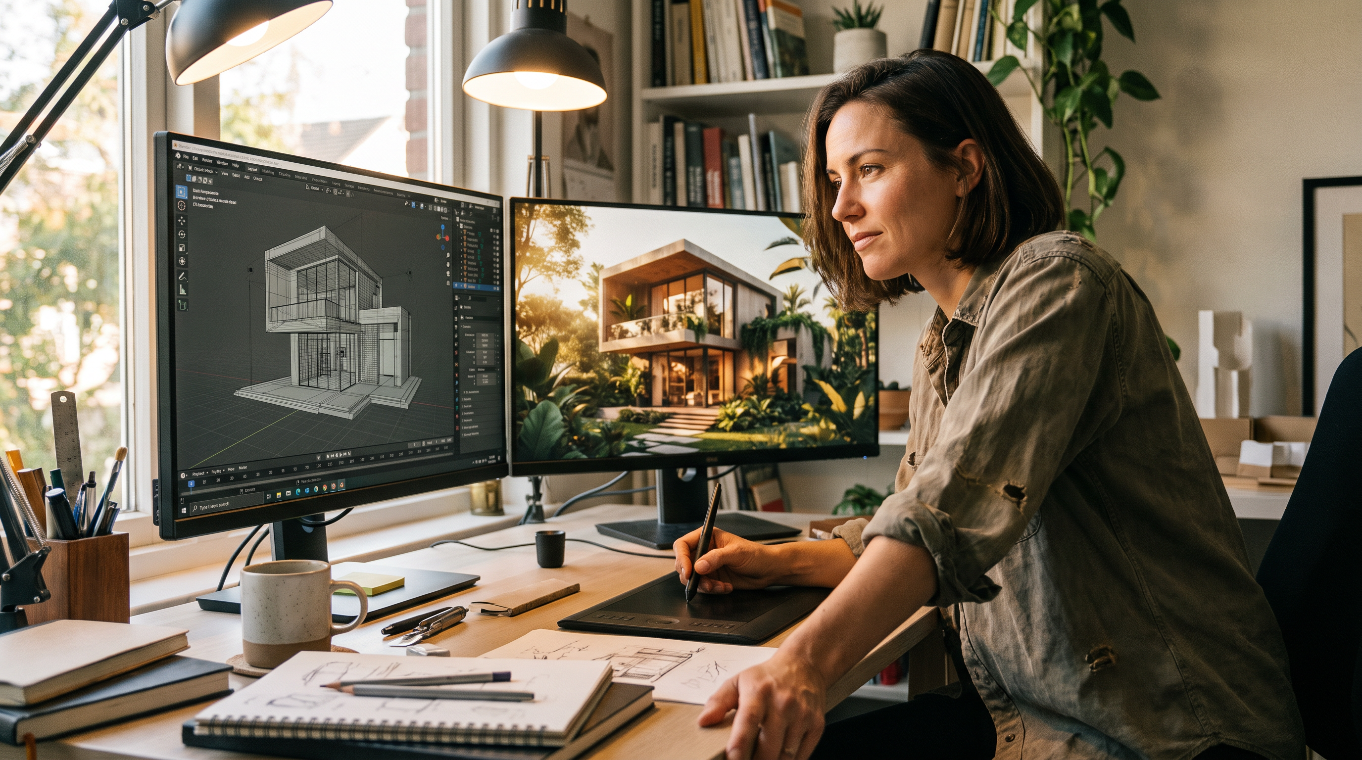A designer working at dual monitors showing a SketchUp model and an AI rendering — their familiar workflow unchanged
