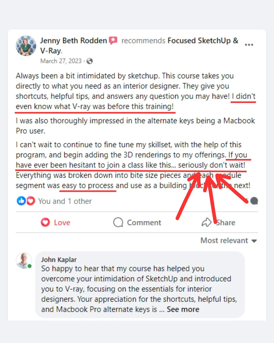 FOCUSED SketchUp student Facebook review