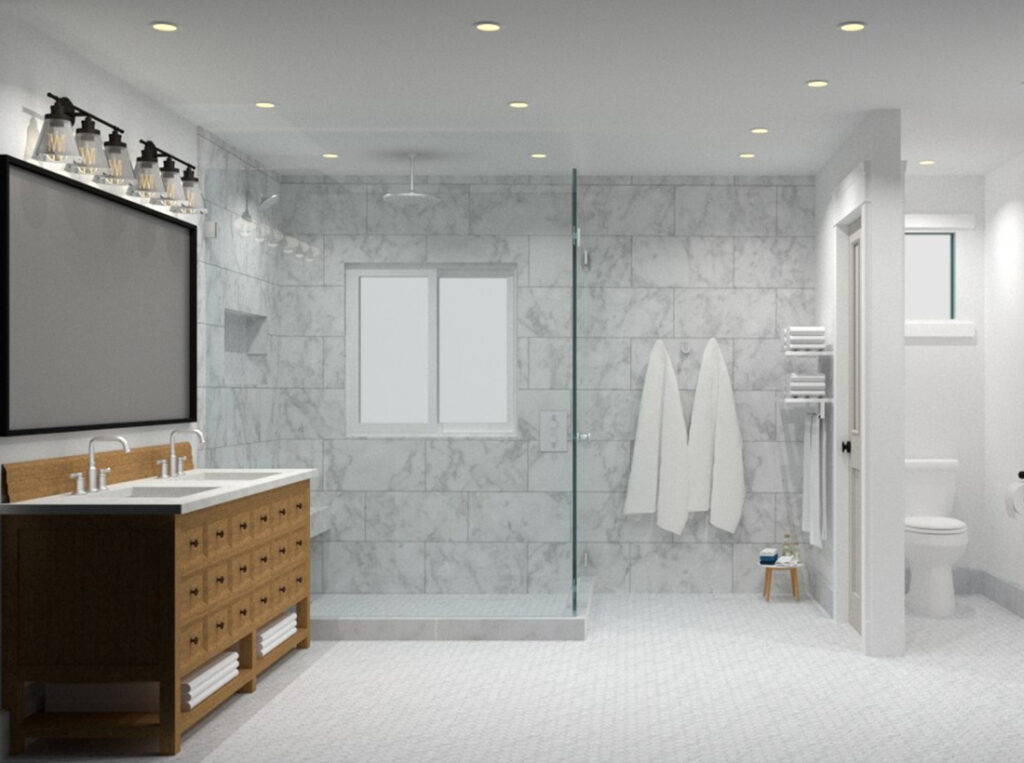 A photorealistic 3-D render of a bathroom